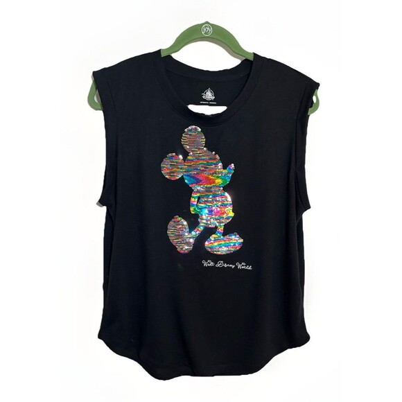 Disney World Mickey Rainbow Silver Flip Sequin Tank Black Size Large - Picture 1 of 8